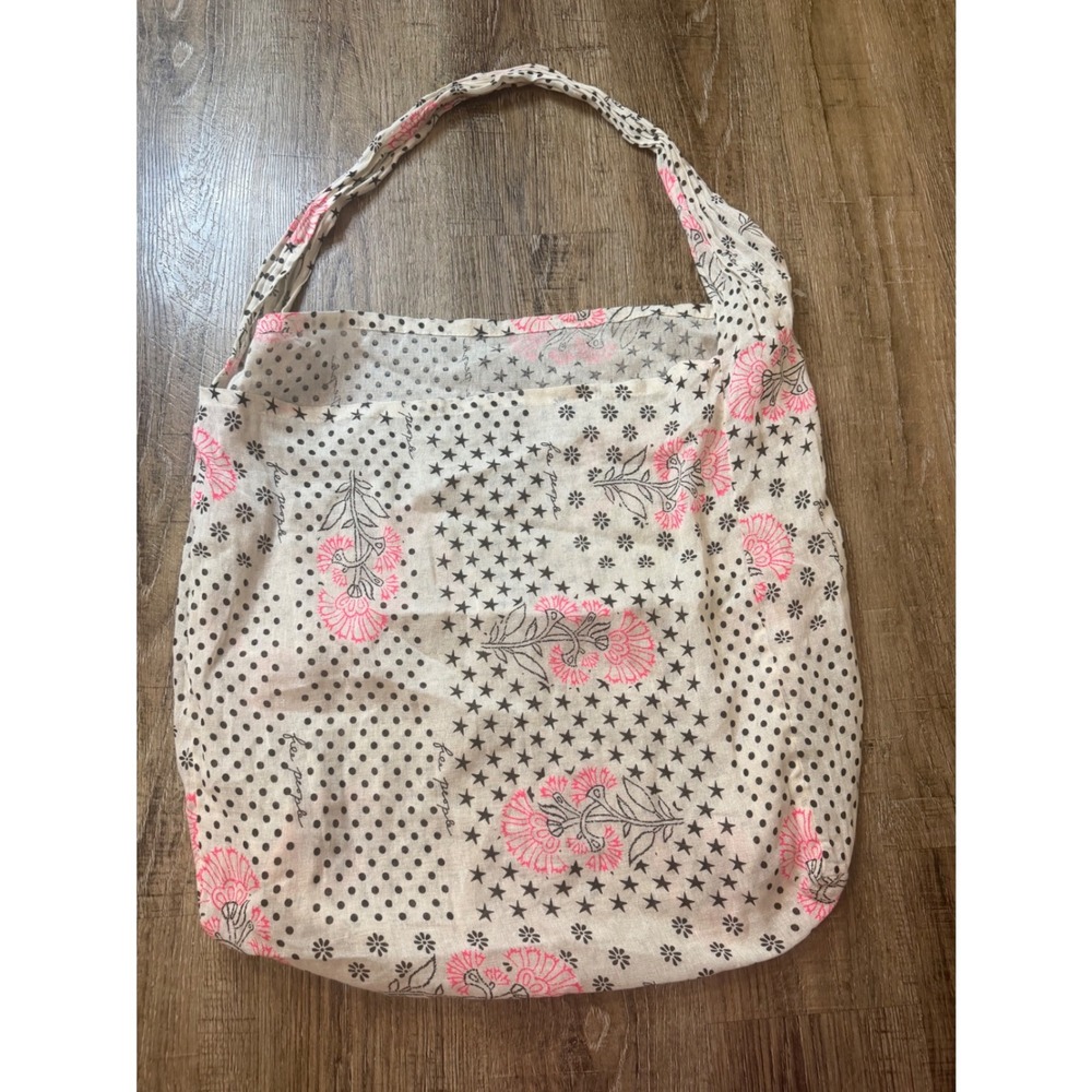 Free People Star Floral Polka Dot Reusable Tote Bag Cream Pink Boho Slouchy Hobo